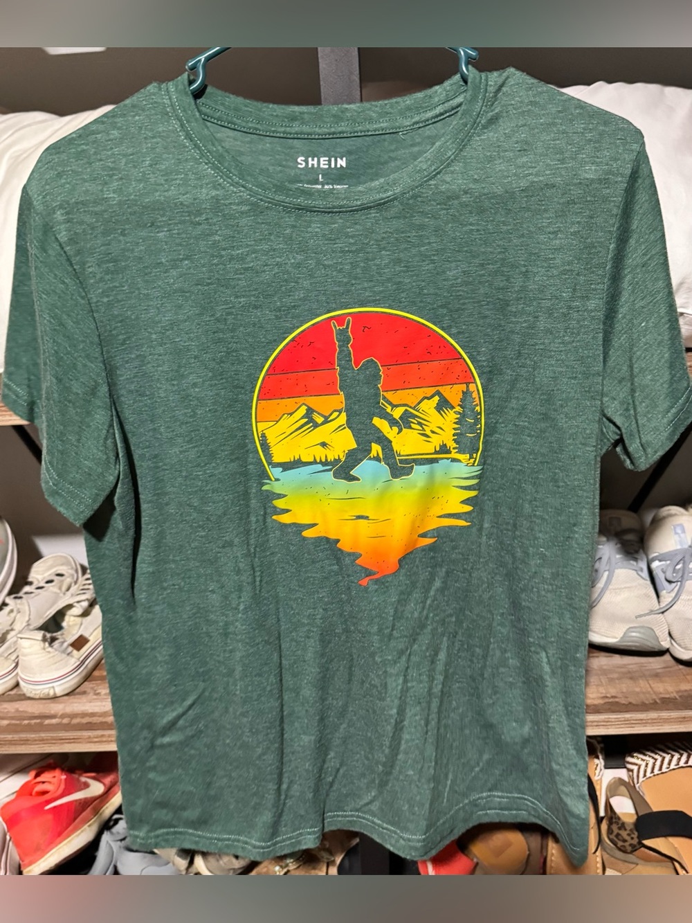 SHEIN Green Short-Sleeve Tee with Sunset Llama Graphic